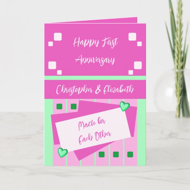 Happy First Anniversary add names pink green Card (Front)