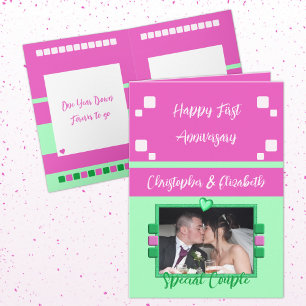 Happy First Anniversary add photo pink green Card