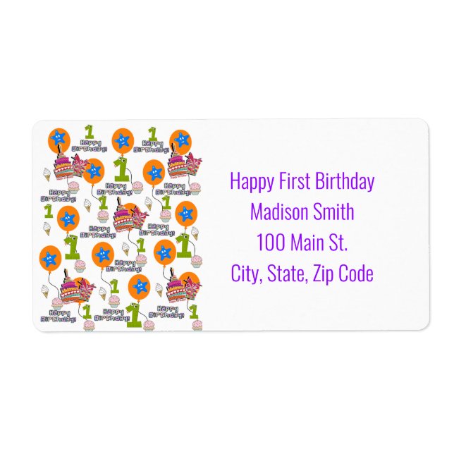 Happy First Birthday Address Labels, White (Front)