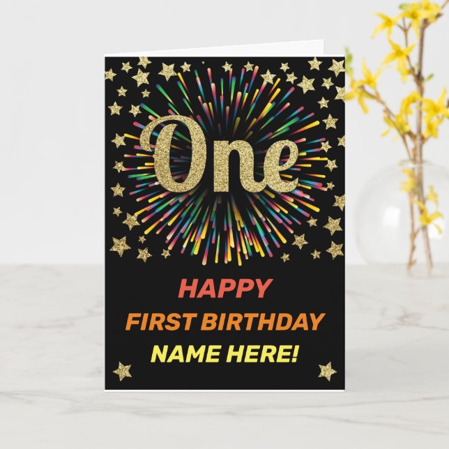 Happy First Birthday Black & Gold Rainbow Firework Card (Yellow Flower)