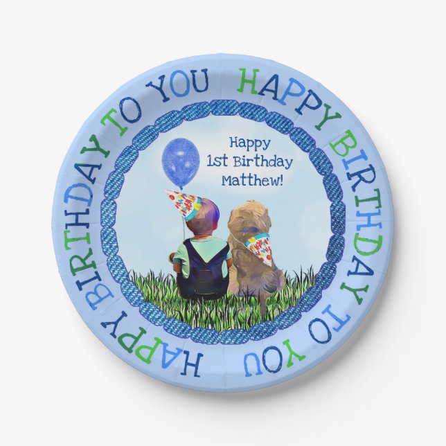 Happy First Birthday Boy and Dog Paper Plate (Front)