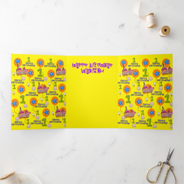 Happy First Birthday Card, #1 Birthday Yellow Tri-Fold Card (Inside)