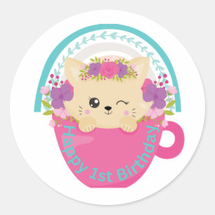 Happy first Birthday Cat and rainbow Classic Round Sticker