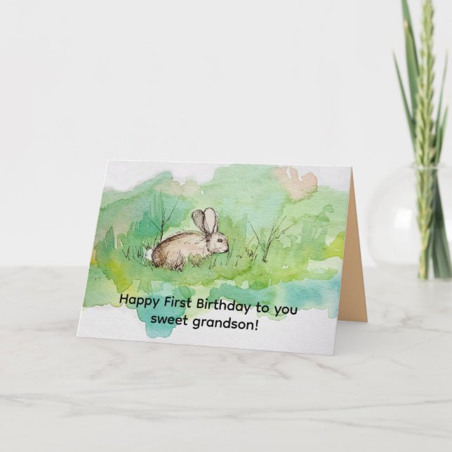 Happy First Birthday Grandson Cottontail Rabbit  Card (Front)