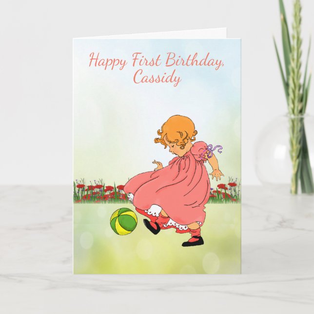 Happy First Birthday, Toddler Girl with Ball Card (Front)