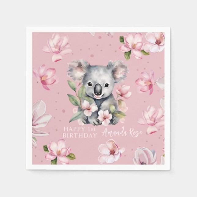 Happy First Birthday Watercolor Koala Napkin (Front)