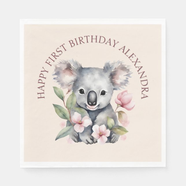 Happy First Birthday Watercolor Koala Napkin (Front)