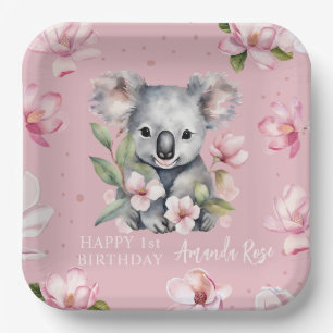 Happy First Birthday Watercolor Koala Paper Plate