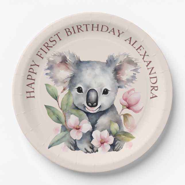 Happy First Birthday Watercolor Koala Paper Plate (Front)