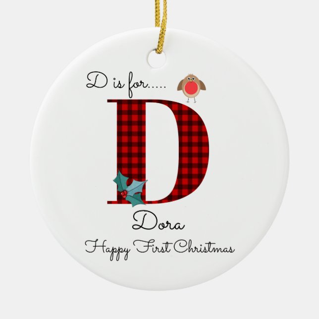 Happy first Christmas D lumberjack robin tree Ceramic Ornament (Front)