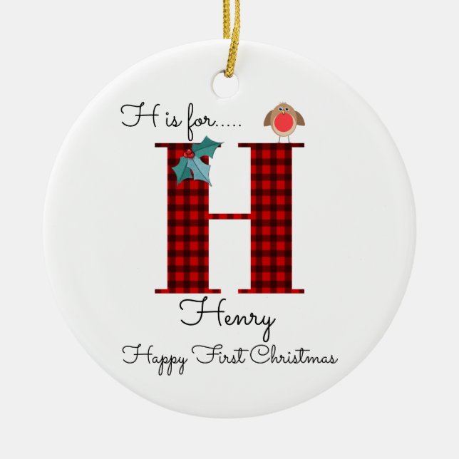 Happy first Christmas H lumberjack robin tree Ceramic Ornament (Front)