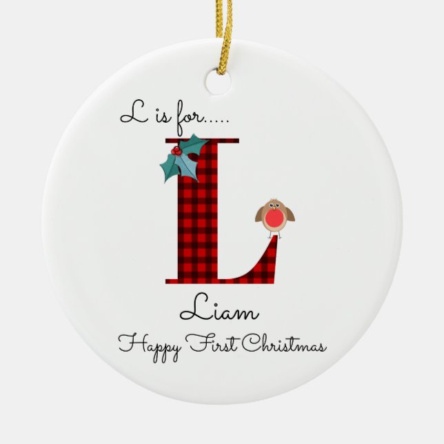 Happy first Christmas L lumberjack robin tree Ceramic Ornament (Front)
