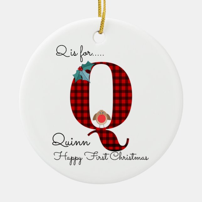 Happy first Christmas Q lumberjack robin tree Ceramic Ornament (Front)