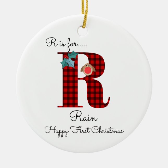 Happy first Christmas R lumberjack robin tree Ceramic Ornament (Front)