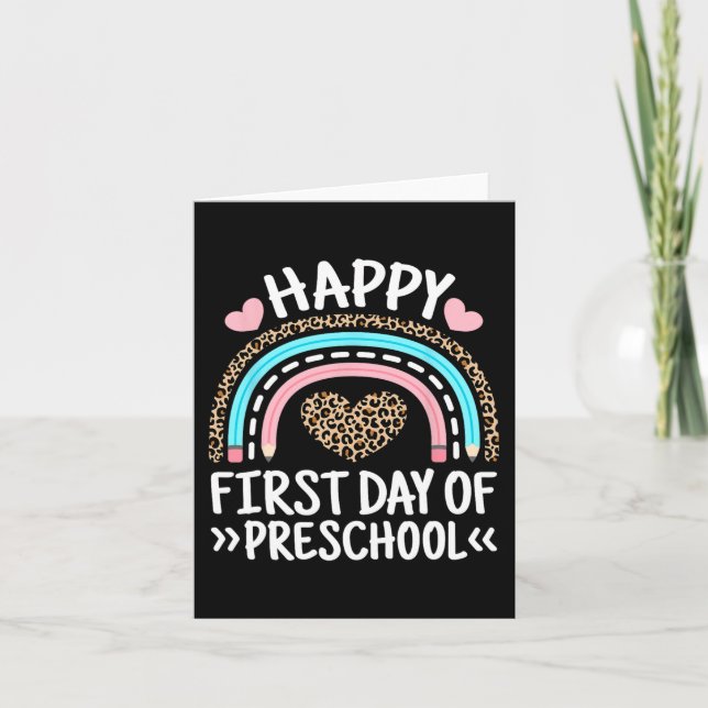 Happy First Day Of Preschool Leopard Rainbow Teach Card (Front)