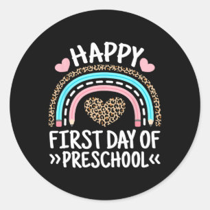 Happy First Day Of Preschool Leopard Rainbow Teach Classic Round Sticker