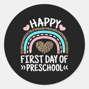 Happy First Day Of Preschool Leopard Rainbow Teach Classic Round Sticker