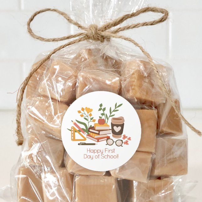 Happy First Day of School Classic Round Sticker (Use this sticker on bags or envelopes for a cute back to school treat.)