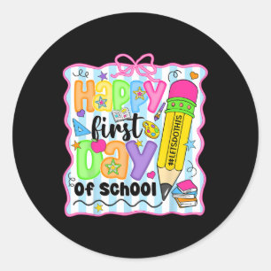 Happy First Day Of School Pencil Teacher Kids Back Classic Round Sticker