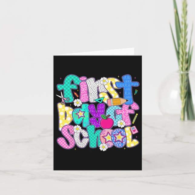 Happy First Day Of School Preppy Teacher Kids Back Card (Front)