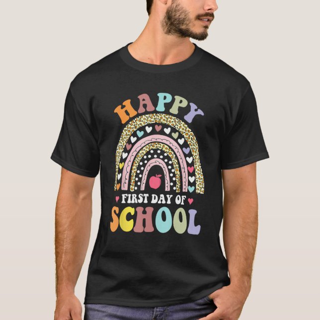 Happy First Day Of School Rainbow Leopard Teacher  T-Shirt (Front)