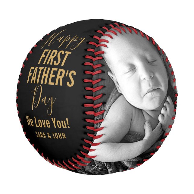 Happy First Father’s Day Black Gold 2 Photos Name Baseball (Angled)