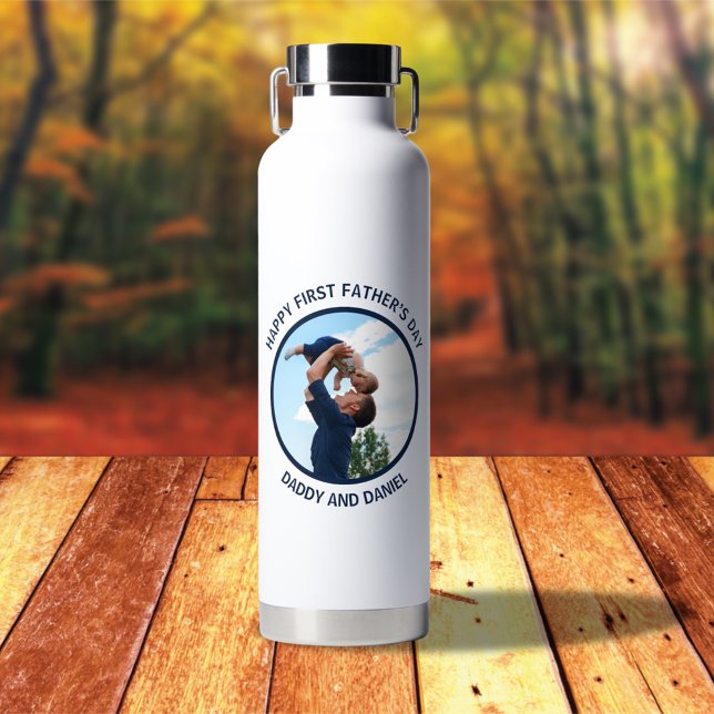 Happy First Father’s Day Custom Photo & Text Water Bottle (Creator Uploaded)
