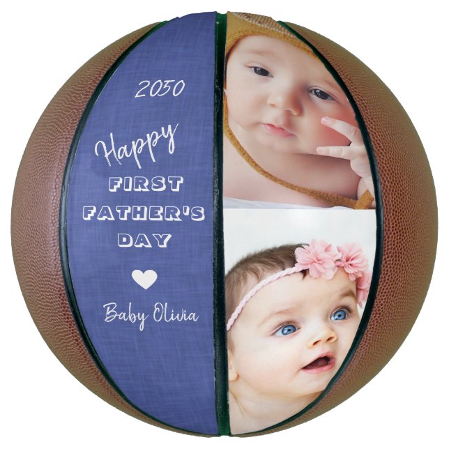 Happy First Father's Day 2 Photo Collage Blue Basketball (Vertical)