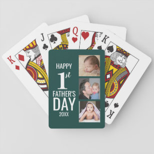 Happy First Father's Day 3 Photo Collage Green Playing Cards