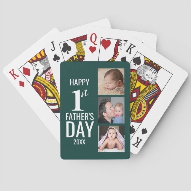 Happy First Father's Day 3 Photo Collage Green Playing Cards (Back)