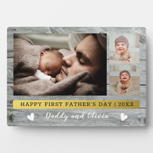 Happy First Father's Day 3 Photo Collage Grey Wood Plaque (Front)
