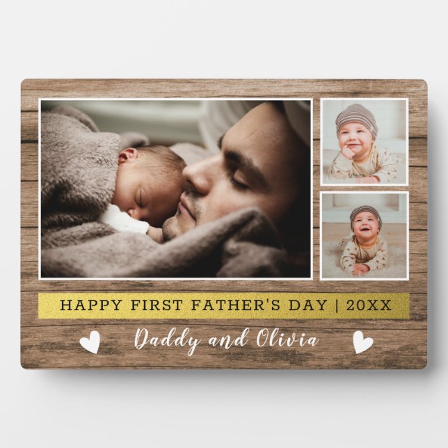 Happy First Father's Day 3 Photo Collage Wood Plaque (Front)
