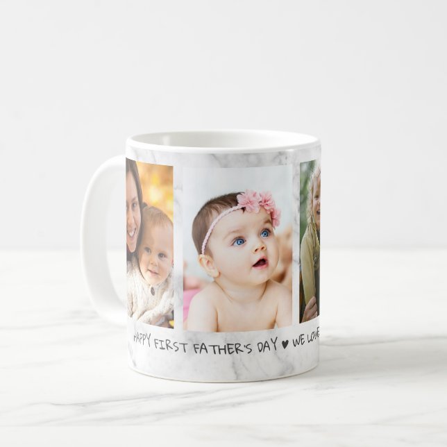 Happy First Father's Day 4 Photo Collage Marble Coffee Mug (Front Left)