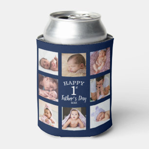 Happy First Father's Day 8 Photo Collage Blue Can Cooler