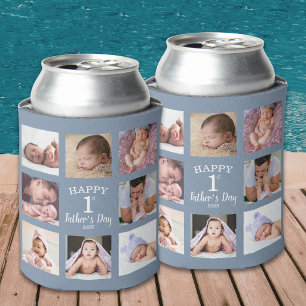 Happy First Father's Day 8 Photo Collage Gray Dad Can Cooler