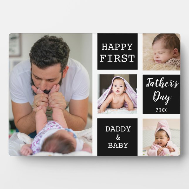 Happy First Father's Day Black 4 Photo Collage Plaque (Front)