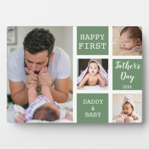 Happy First Father's Day Green 4 Photo Collage Plaque