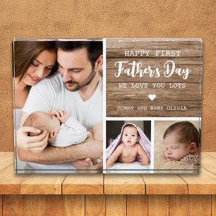 Happy First Father's Day New Dad Rustic Wood 3 Photo Block