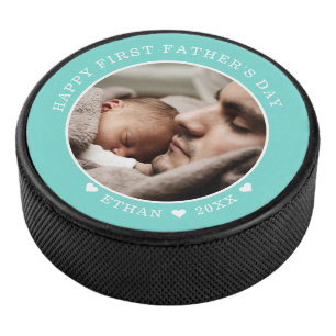 Happy First Father's Day Personalised Photo Green Hockey Puck
