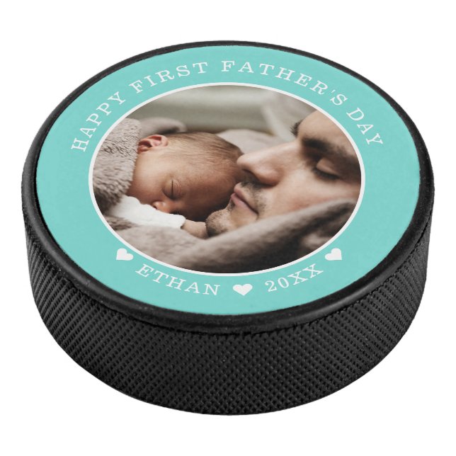 Happy First Father's Day Personalised Photo Green Hockey Puck (3/4)