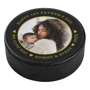 Happy First Father's Day Photo Black And Gold Hockey Puck
