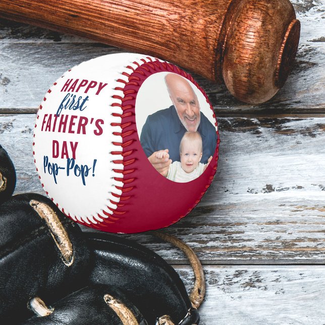 Happy First Father's Day Pop-Pop 2 Photo Red White Baseball (Creator Uploaded)