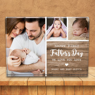 Happy First Father's Day Rustic Wood New Dad 3 Photo Block
