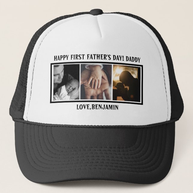 Happy First Father's Day Typography  Custom Photo Trucker Hat (Front)
