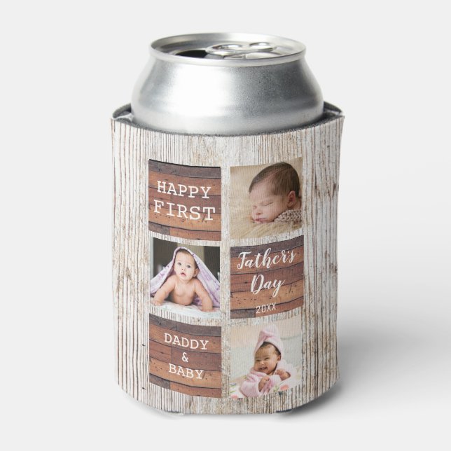 Happy First Father's Day Wood 4 Photo Collage   Can Cooler (Can Front)