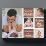 Happy First Father's Day Wood 4 Photo Collage Plaque<br><div class="desc">First father's day gift idea -A modern photo plaque with a collage grid created with 4 pictures and message on a trendy Wood  block.</div>