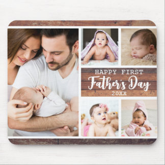 Happy First Father's Day Wood 5 Photo Collage Mouse Pad