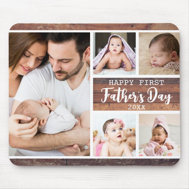 Happy First Father's Day Wood 5 Photo Collage   Mouse Pad (Front)