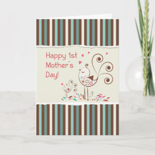 Happy First Mother’s Day, Cute Birds on Stripes Card