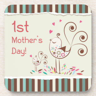 Happy First Mother’s Day, Cute Birds on Stripes Coaster